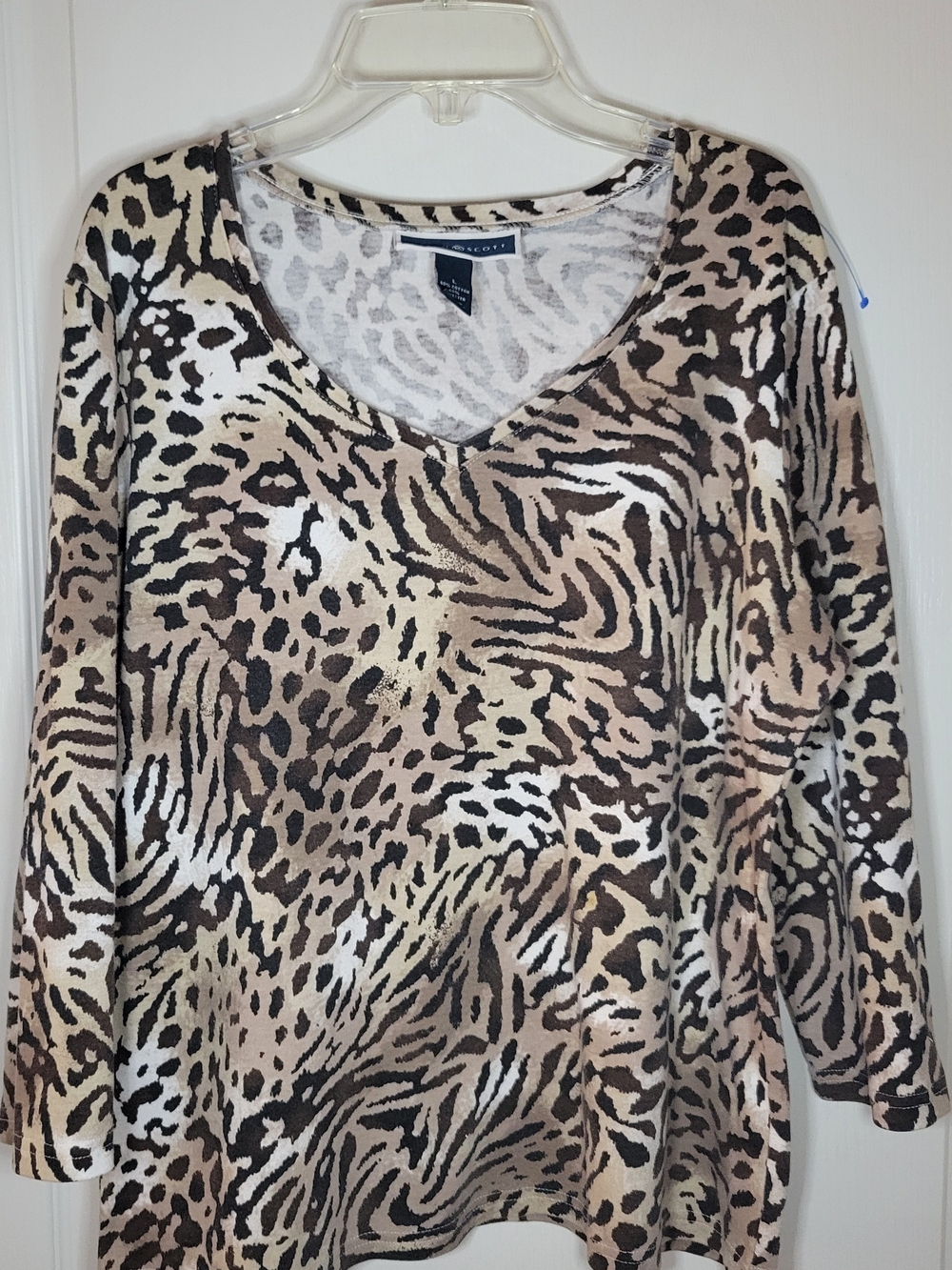 Karen Scott Animal-Print Long Sleeve V-Neck Top in Brown and White